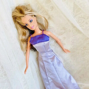 Blonde Hair Blue Eyed Barbie Fashion Doll in Purple Satin Sleeveless Dress 12"